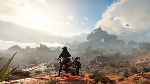 Character with a bike in a vast desert landscape with distant mountains.