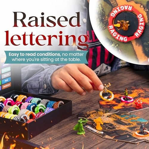 Person playing a board game with raised lettering accessories.