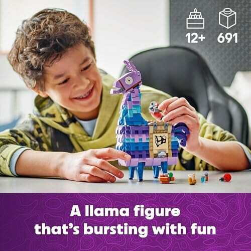 Boy playing with a colorful llama toy figure on a table.