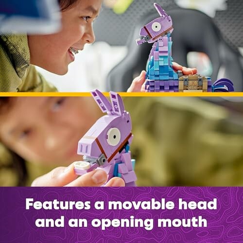 Child playing with a purple robotic toy featuring a movable head and opening mouth.