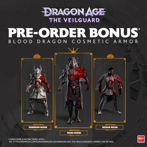 Dragon Age The Veilguard pre-order bonus with Blood Dragon cosmetic armor for Warrior, Mage, and Rogue Rook.