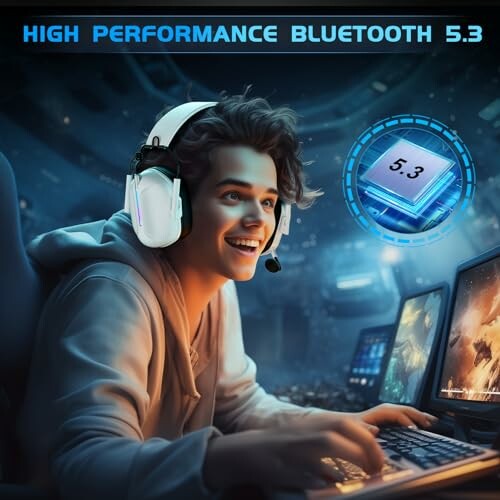 Gamer using Bluetooth 5.3 headset with computer setup.