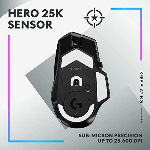 Gaming mouse with HERO 25K sensor and sub-micron precision.
