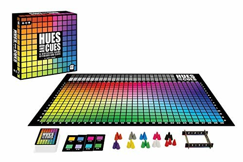 Hues and Cues board game with colorful grid, cards, and pieces.