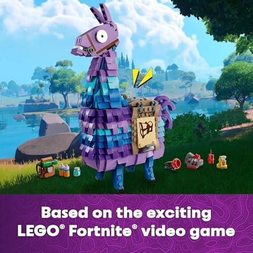 LEGO Fortnite llama set with game background.