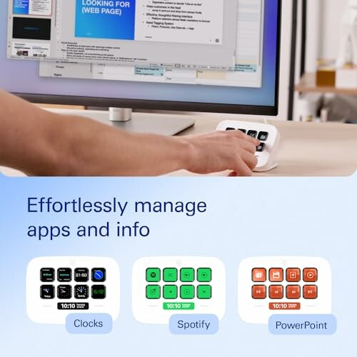 Person using a stream deck to manage apps like Clocks, Spotify, and PowerPoint.