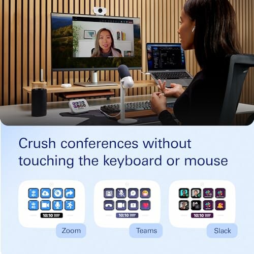 Person using video conference tools with remote participants on screen