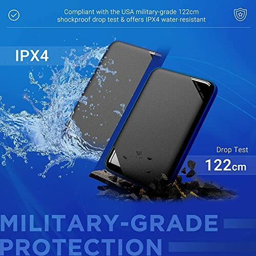 Two phone cases demonstrating water resistance and military-grade protection.
